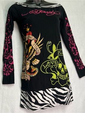SOLD Ed Hardy Y2K Mini Dress S Tattoo Skull Zebra Graphic Goth Punk 2000s Indie